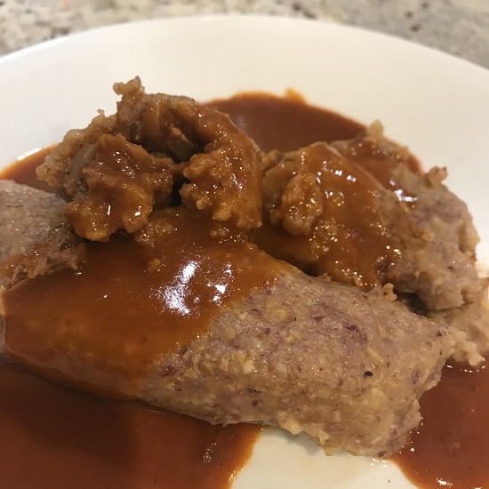 Image of Jackfruit tamale with ranchero sauce