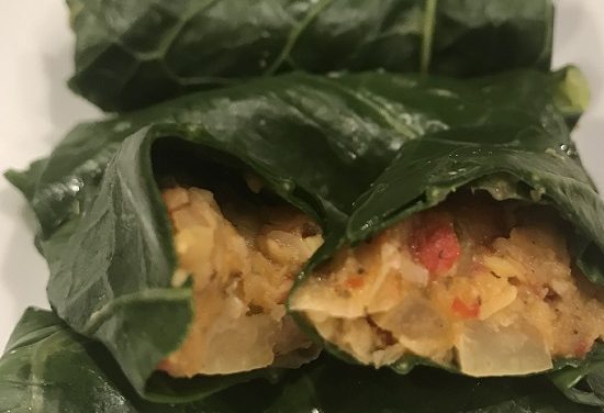 Spicy bean dolmas with collard greens