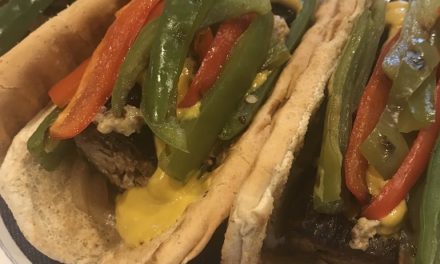 Eggplant Bratwurst with mixed peppers