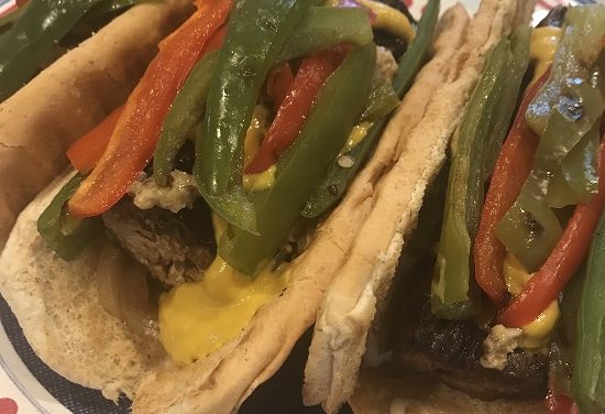 Eggplant Bratwurst with mixed peppers