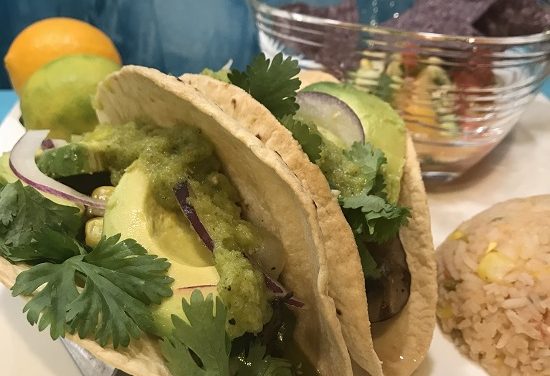 Tacos with grilled mushrooms, peppers and onions