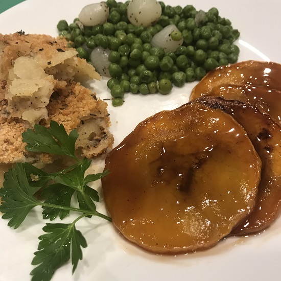 Image of butternut squash steaks with potatoes and peas