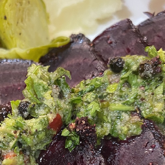 Image of chimichurri sauce on beet steaks